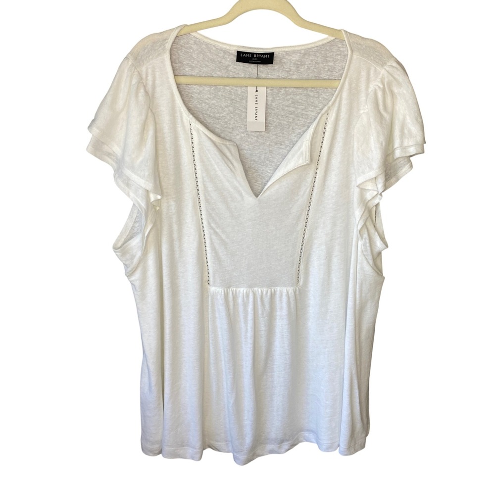 Lane‎ Bryant White Linen Blend Flutter Sleeve Split Neck Top Plus Size 22/24 NWT